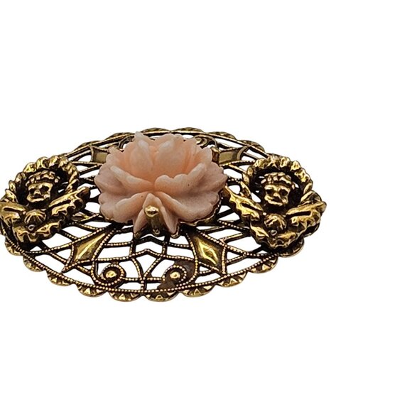 Victorian Style Brooch Pin Rose Filigree Floral Angel Cherub Gold Tone Vtg Lapel - Picture 2 of 7